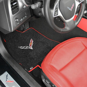 C7 Corvette Stingray Floor Mats with Crossed Flags - Lloyds Mats: Jet Black with Red Binding