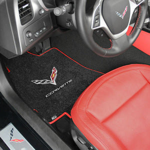 C7 Corvette Stingray Floor Mats with Crossed Flags and Corvette Script - Lloyds Mats: Jet Black with Red Binding